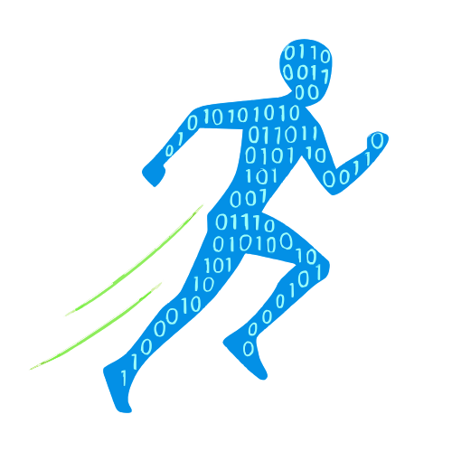Binary runner silhouette with neon motion trails on transparent background