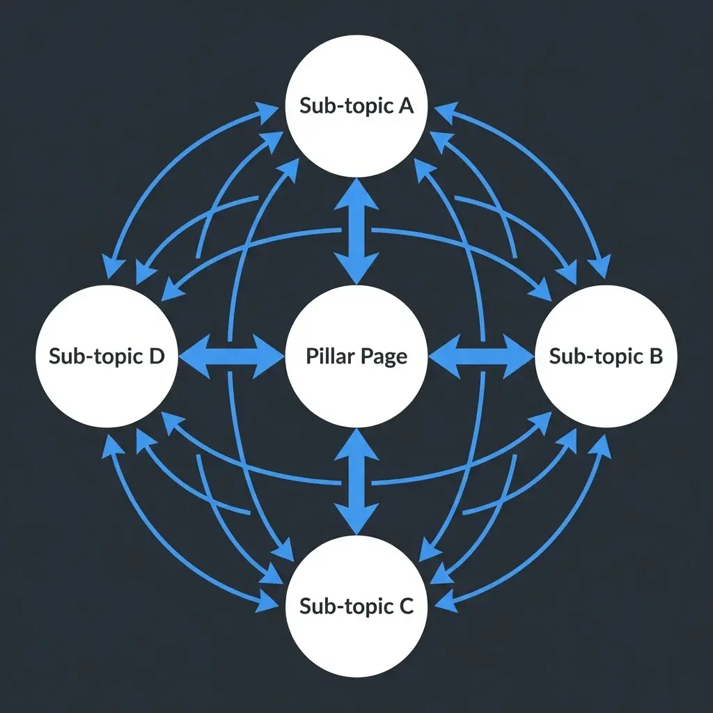 Reciprocal Topic Cluster Architecture Diagram - Highlighting multi-directional internal linking between pillar pages and sub-topic content clusters for SEO authority